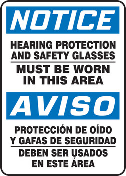 Bilingual Spanish OSHA Notice Safety Sign: Hearing Protection And Safety Glasses Must Be Worn In This Area 14" x 10" Adhesive Vinyl 1/Each - SBMPPA819VS