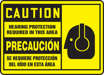 Bilingual OSHA Caution Safety Sign: Hearing Protection Required In This Area 10" x 14" Aluminum 1/Each - SBMPPE409MVA