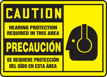 Bilingual OSHA Caution Safety Sign: Hearing Protection Required In This Area 10" x 14" Adhesive Dura-Vinyl 1/Each - SBMPPE409MXV