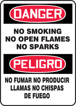 Spanish Bilingual OSHA Danger Smoking Control Sign: No Smoking - No Open Flames - No Sparks 14" x 10" Plastic 1/Each - SBMSMK012VP