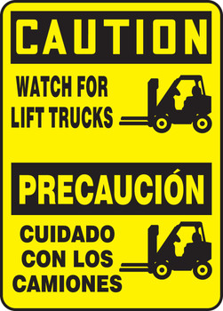 Bilingual OSHA Caution Safety Sign: Watch For Lift Trucks (Graphic) 14" x 10" Accu-Shield 1/Each - SBMVHR600XP