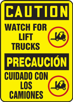 Bilingual OSHA Caution Safety Sign: Watch For Lift Trucks 14" x 10" Adhesive Dura-Vinyl 1/Each - SBMVHR684XV