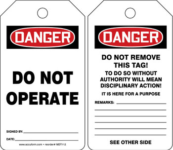 OSHA Danger Safety Tag: Do Not Operate Spanish Standard Back A RP-Plastic 5/Pack - SHMDT112PTM