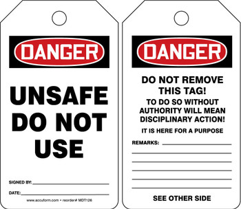 OSHA Danger Safety Tag: Unsafe - Do Not Use Spanish Standard Back A HS-Laminate 5/Pack - SHMDT126LTM