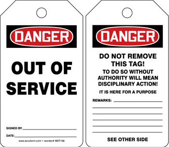 OSHA Danger Safety Tag: Out Of Service Spanish Standard Back A RP-Plastic 5/Pack - SHMDT158PTM