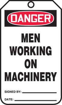 OSHA Danger Safety Tags: Men Working On Machinery Spanish Standard Back B PF-Cardstock 5/Pack - SHMDT244CTM