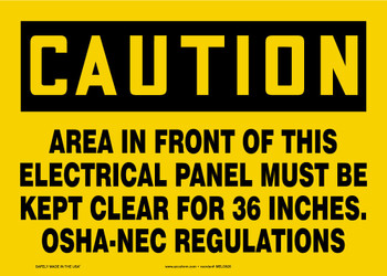 OSHA Caution Safety Label: Area In Front Of This Electrical Panel Must Be Kept Clear For 36 Inches. - OSHA-NEC Regulations Spanish 10" x 14" Adhesive Vinyl 1/Each - SHMELC625VS