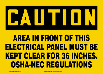 OSHA Caution Safety Label: Area In Front Of This Electrical Panel Must Be Kept Clear For 36 Inches. - OSHA-NEC Regulations Spanish 10" x 14" Aluma-Lite 1/Each - SHMELC625XL