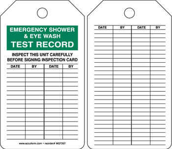 Safety Tag: Emergency Shower & Eye Wash Test Record - Inspect This Unit Carefully Before Signing Inspection Card Spanish HS-Laminate 5/Pack - SHMGT207LTM