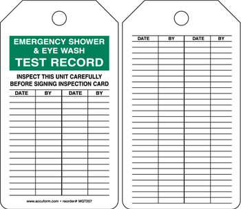 Safety Tag: Emergency Shower & Eye Wash Test Record - Inspect This Unit Carefully Before Signing Inspection Card Spanish HS-Laminate 25/Pack - SHMGT207LTP