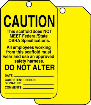 Scaffold Status Safety Tag: Caution- This Scaffold Does Not Meet Federal/State OSHA Specifications Spanish HS-Laminate 5/Pack - SHTSS102LTM