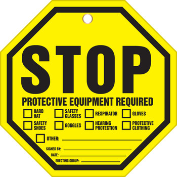 Octo-Tags Safety Tag: STOP, Protective Equipment Required 8" x 8" RP-Plastic 5/Pack - TAP807PTM