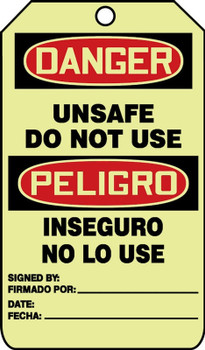 Glow Bilingual OSHA Danger Safety Tag: Unsafe Do Not Use- Inseguro No Lo Use 5" x 3" 10/Pack - TAW917