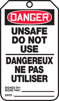 Bilingual OSHA Danger Safety Tag: Unsafe - Do Not Use PF-Cardstock 25/Pack - TCF115CTP