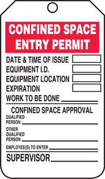 Confined Space Status Safety Tag: Confined Space Entry Permit RP-Plastic 5/Pack - TCS323PTM