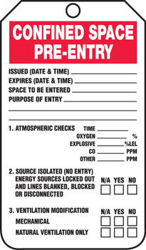 Confined Space Status Safety Tag: Confined Space Pre- Entry RP-Plastic - TCS327PTP