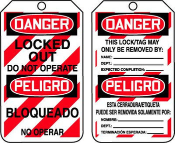 Spanish (Mexican) Bilingual OSHA Danger Safety Tag: Locked Out - Do Not Operate RP-Plastic - TMS238PTP