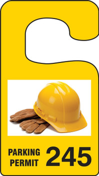 VERTICAL HANGING TAGS: PARKING PERMIT IMAGE OF HARD HAT Yellow Series: 001-099 4 7/8" x 2 3/4" 99/Pack - TNT940YLA