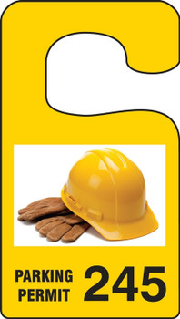 VERTICAL HANGING TAGS: PARKING PERMIT IMAGE OF HARD HAT Yellow Series: 800-899 4 7/8" x 2 3/4" 100/Pack - TNT940YLJ