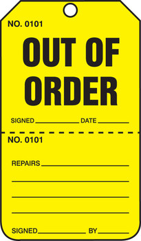 Safety Tag: Out Of Order - Perforated RP-Plastic 5/Pack - TPP201PTM