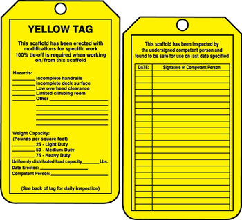 Scaffold Status Safety Tag: Yellow Tag RP-Plastic 5/Pack - TRS208PTM