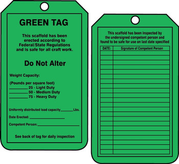 Scaffold Status Safety Tag: Green Tag PF-Cardstock 5/Pack - TRS209CTM