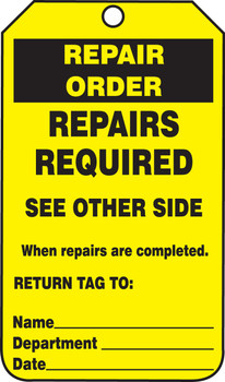 Repair Status Safety Tags: Repair Order RP-Plastic 5/Pack - TRS247PTM