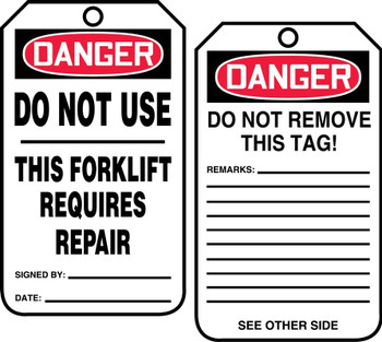 Forklift Status Safety Tag: Danger- Do Not Use Standard Back A PF-Cardstock 5/Pack - TRS327CTM
