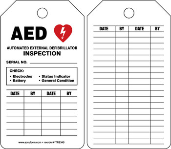 AED Status Safety Tag: Automatic External Defibrillator Inspection PF-Cardstock 5/Pack - TRS345CTM
