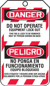 Bilingual OSHA Danger Lockout Tag: Do Not Operate - Equipment Lock Out Bilingual - Spanish/English PF-Cardstock 5/Pack - TSP105CTM