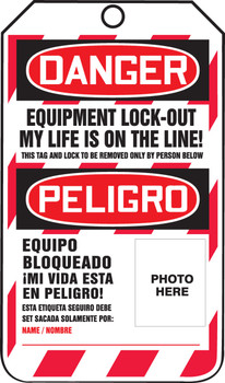 Bilingual OSHA Danger Lockout Tag: Equipment Lock-Out - My Life Is On The Line! Bilingual - Spanish/English HS-Laminate 25/Pack - TSP107LTP