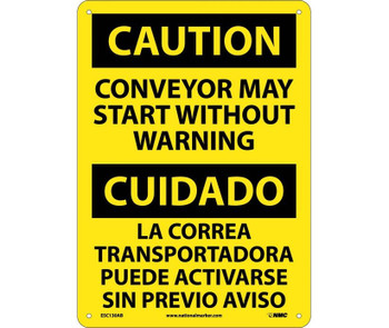 Caution: Conveyor May Start Without Warning Bilingual - 14X10 - .040 Alum - ESC130AB