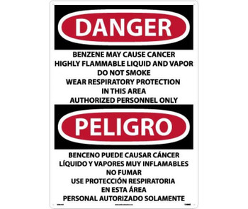 Danger: Peligro Benzene  Area Authorized Personnel Only (Bilingual) - 28 X 20 - .040 Alum - ESD27AD
