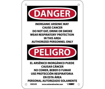 Danger: Peligro Inorganic Arsenic May Cause Cancer  Authorized Personnel Only (Bilingual) - 10 X 7 - Rigid Plastic - ESD32R