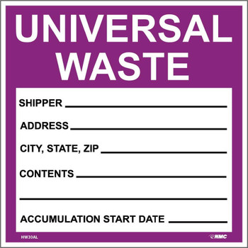 Self-Laminating Labels - Universal Waste In Purple - 6X6 - PS Vinyl - Pack of 25 - HW30SL25