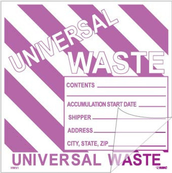 Self-Laminating Labels - Universal Waste W/ Purple Stripes - 6X6 - PS Vinyl  -Bx100 - HW31SL100