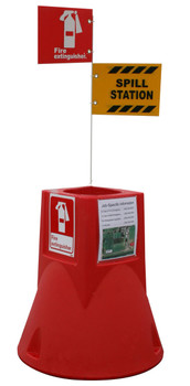 Jobsite Caddy W/ Spill Kit & 6' White Pole & 2 X 10" X 7" Alum. Signs: Exting. & Spill Kit - 29" X 26" Diameter - 13 Lbs - 11" Deep Well For 5/10/20 Lb Fire Extinguisher - Red - JSC03
