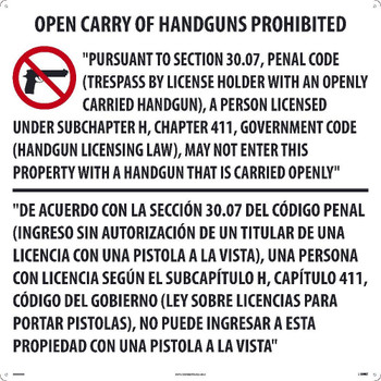 Texas Open Carry Handgun Prohibited Sign - 30 X 30 - Aluminum Composite Panel (Acp.125) - M461ACP