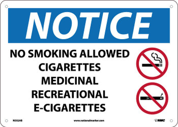 Notice: No Smoking Allowed - Cigarettes - Medicinal -Recreational -E-Cigs Sign - 10X14 - Aluminum .040 - N502AB