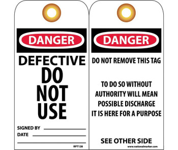 Tags - Defective Do Not Use - 6X3 - .015 Mil Unrip Vinyl - 25 Pk W/ Grommet - RPT129G