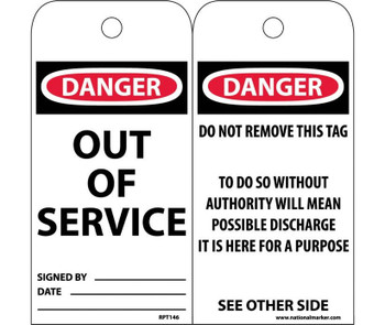 Tags - Danger: Out Of Service - 6X3 - Synthetic Paper - Pack of 25 (Hole) - RPT146ST