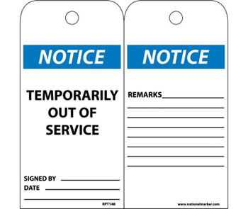 Tags - Temporarily Out Of Service - 6X3 - .015 Mil Unrip Vinyl - 25 Pk - RPT148