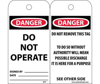Tags - Danger: Do Not Operate - 6X3 - Synthetic Paper - Pack of 25 (Hole) - RPT1ST
