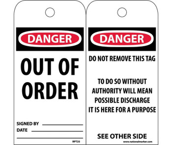 Tags - Danger: Out Of Order - 6X3 - Unrip Vinyl - Pack of 25 - RPT25