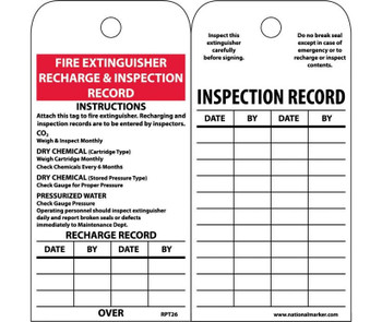 Tags - Fire Extinguisher Recharge And Inspect. - 6X3 - Polytag - Box Of 100 - RPT26ST100