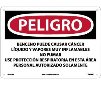 Peligro Benzene May Cause Cancer  Area Authorized Personnel Only (Spanish) - 10 X 14 - .040 Alum - SPD27AB