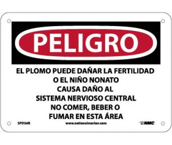 Peligro Lead May Damage Fertility  Do Not Eat - Drink Or Smoke In This Area (Spanish) - 7 X 10 - Rigid Plastic - SPD36R
