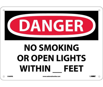 Danger: No Smoking Or Open Lights Within _ Feet - 10X14 - Rigid Plastic - D589RB