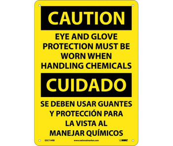 Caution: Eye And Glove Protection Must Be Worn When Handling Chemicals - Bilingual - 14X10 - Rigid Plastic - ESC714RB