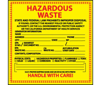 Labels - Hazardous Waste California - 6X6 - PS Vinyl - 500/Rl - HW16